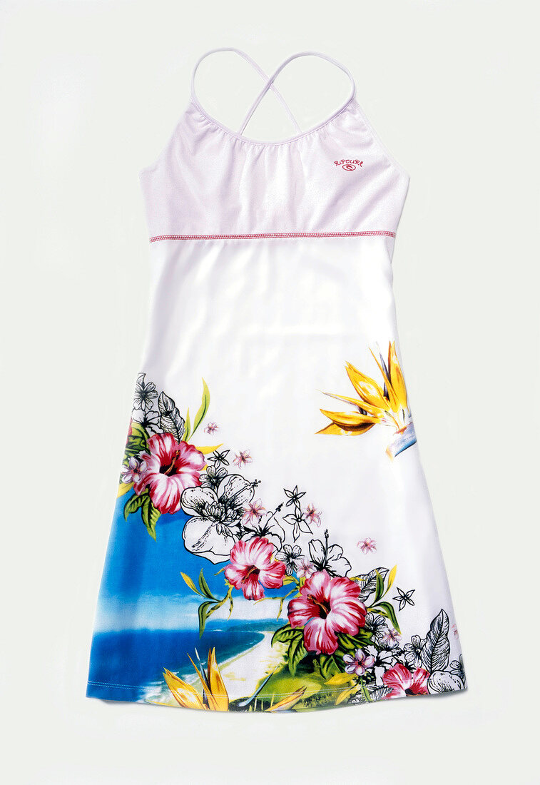 White summer dress with Hawaii print on white background