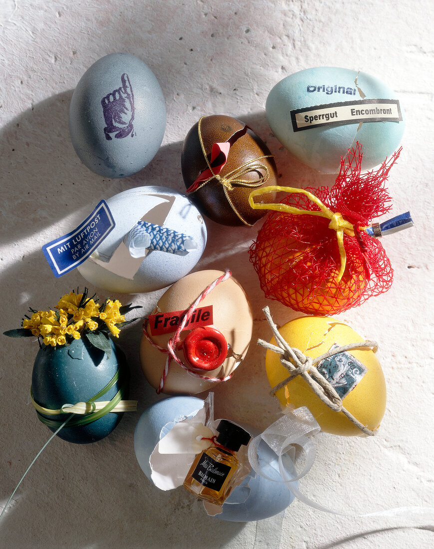 Colourful egg shells filled with small Easter gifts