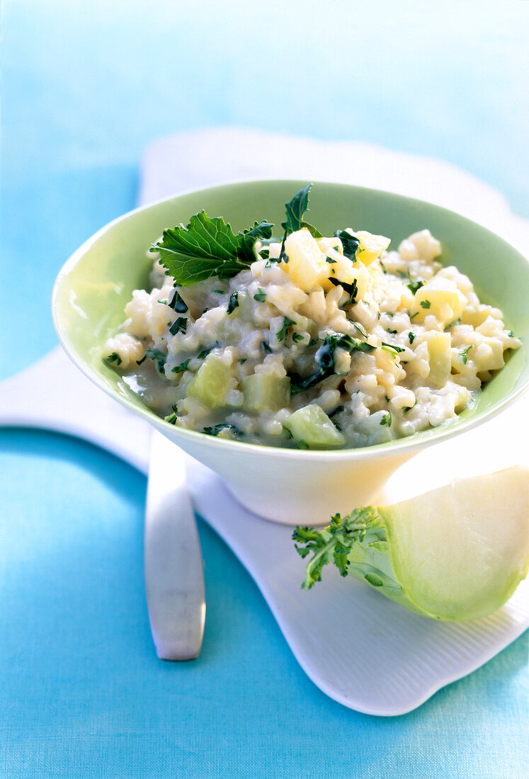 Kohlrabi and chervil risotto in bowl