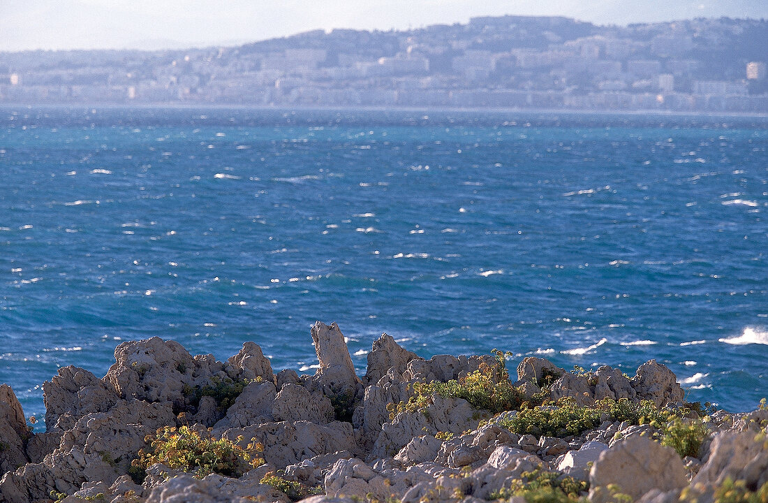 Blick auf Nizza vom anderen Ufer, Meer, im Vordergrund Steine + Gras
