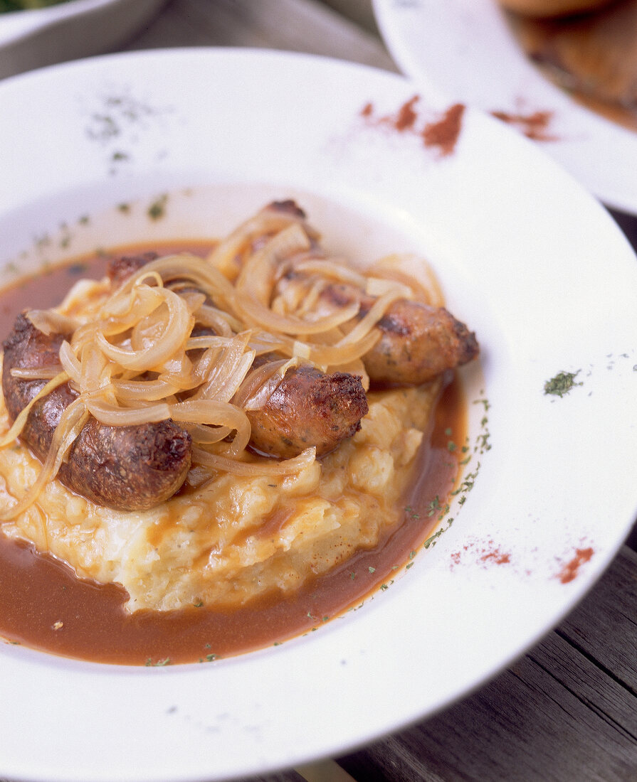 Bangers and mash in bowl at The Bell Pub