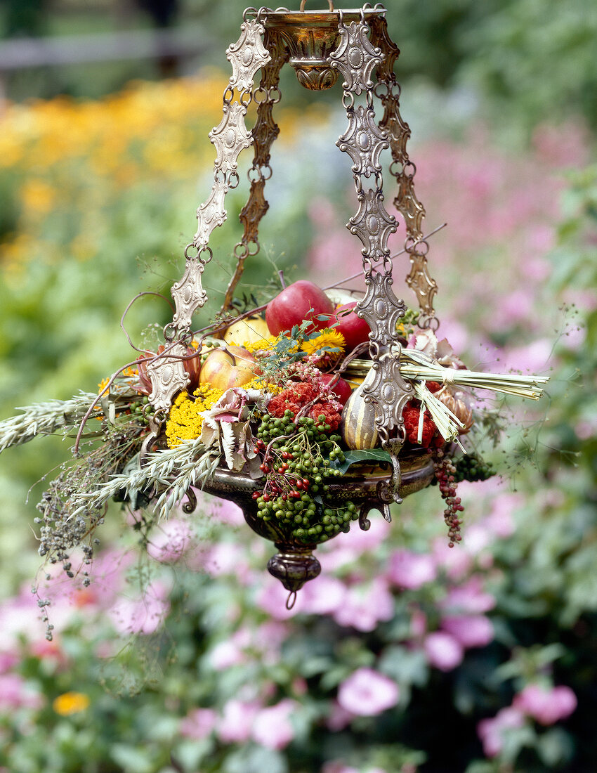 Arrangement with fruits and dried plants on hanging basket