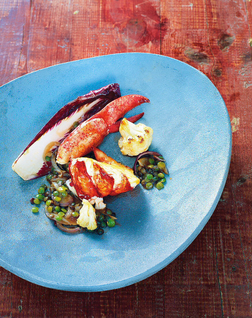 Lobster with Le Puy green lentils, cauliflower and chicory on plate