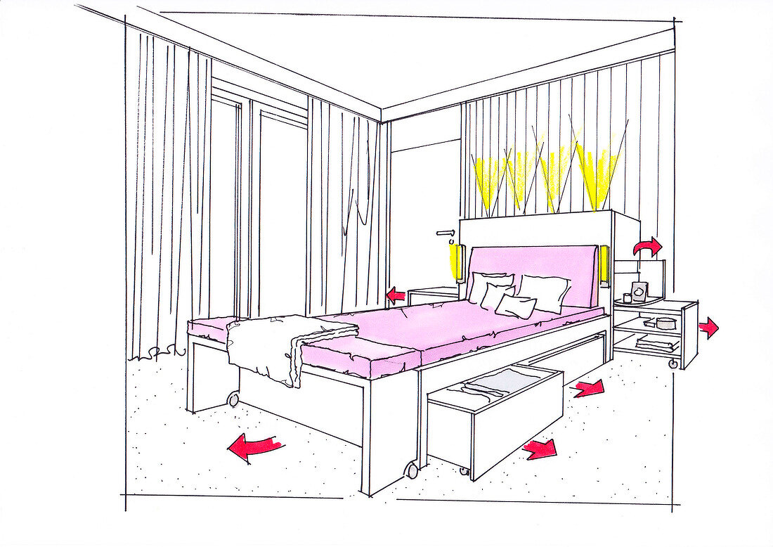 Illustration of bedroom with curtains and bed with drawers