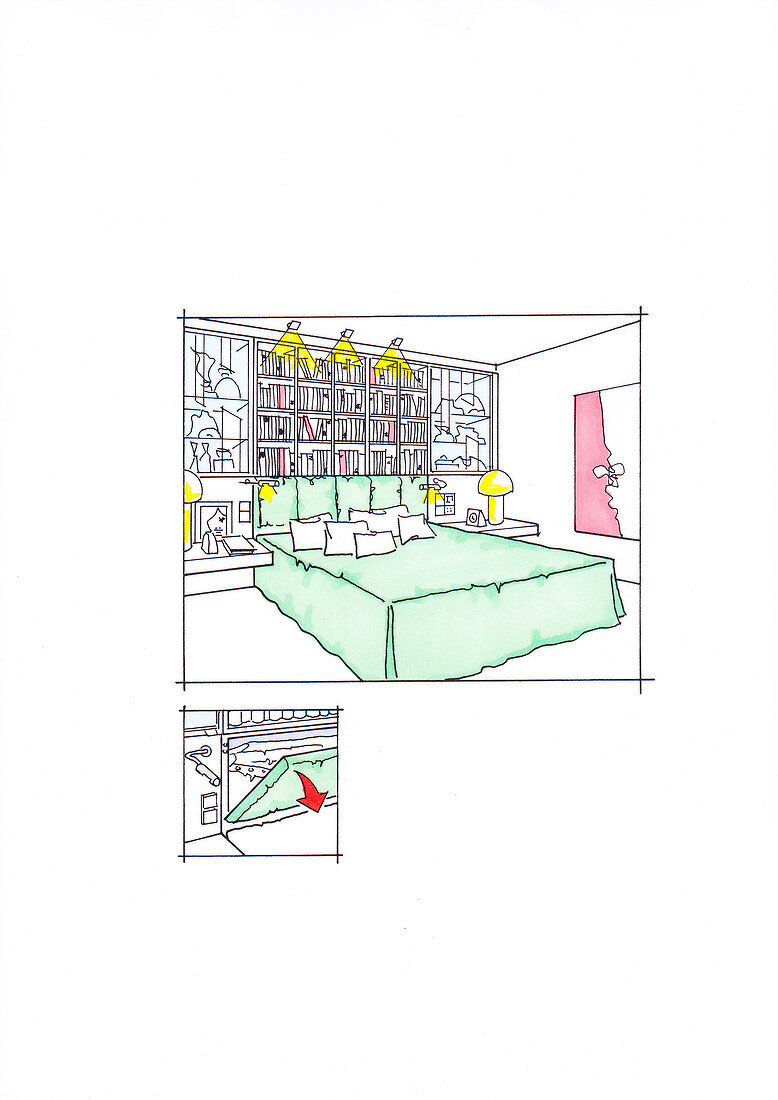 Illustration of bedroom with convertible wall bed