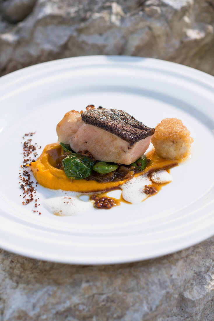 Fillet of Bentheim country pork on a bed of pumpkin puree