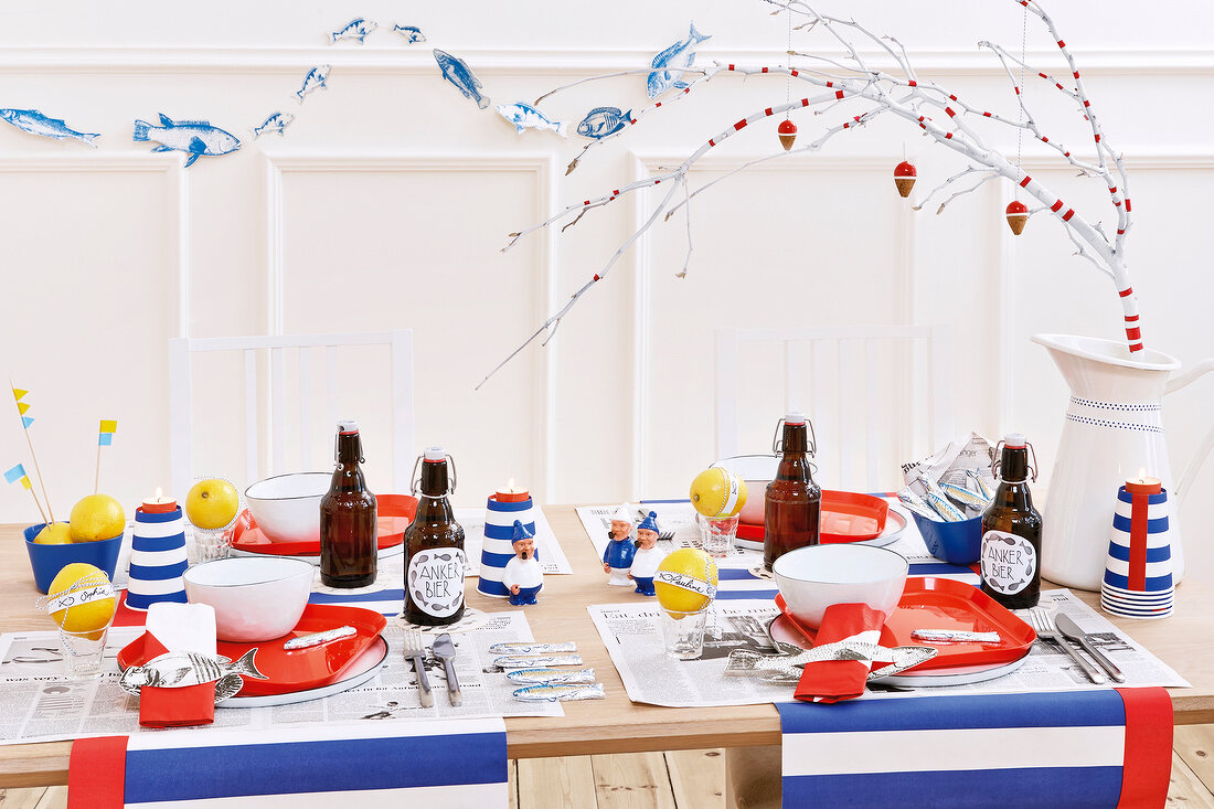A martime-themed table in red, white and blue