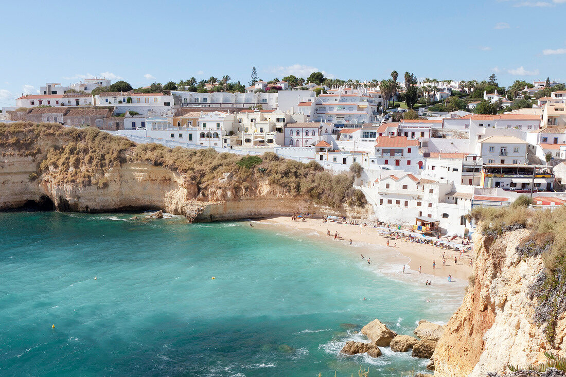 View of beach overlooking Carvoeiro town in Lagoa, Algarve, Portugal