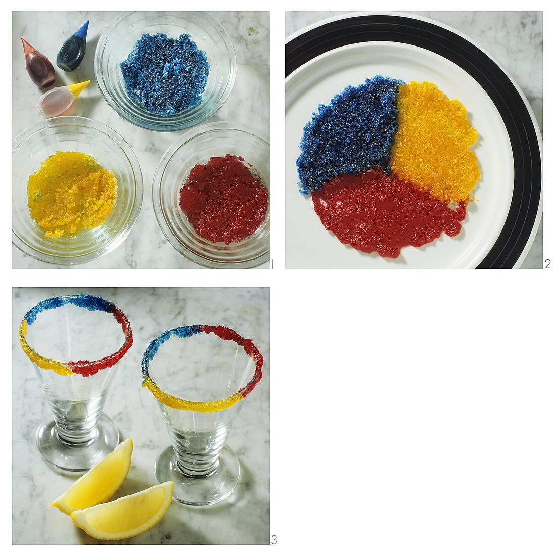 Three-coloured sugar rim for party drinks