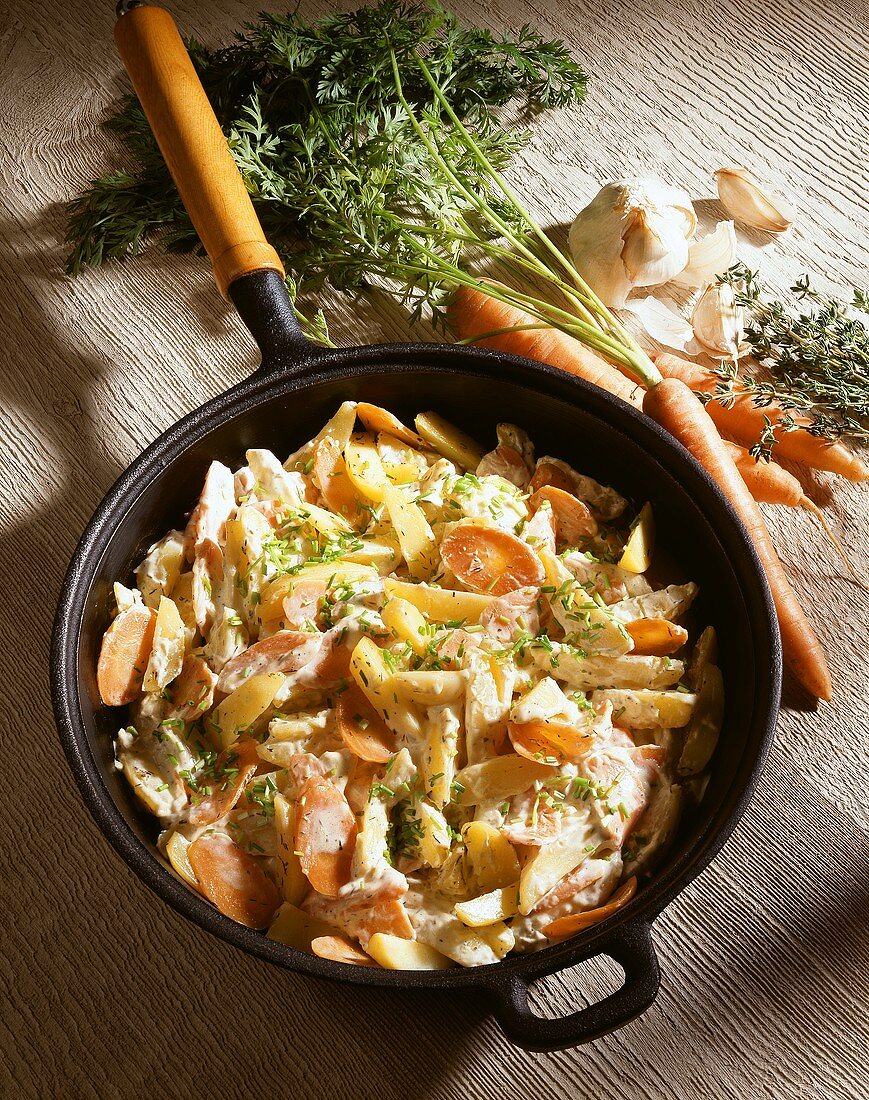 Pan Fried Potatoes with Carrots in a Cream Sauce