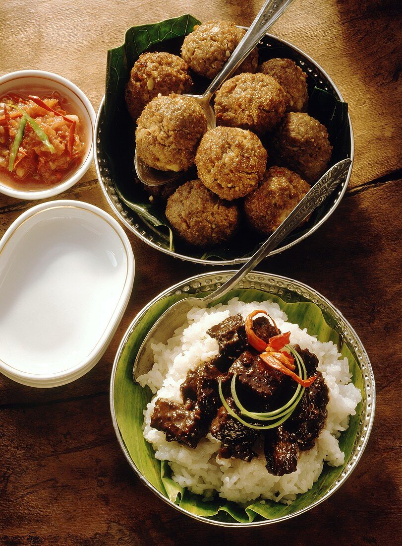 Meatballs with Coconut and Beef Over White Rice