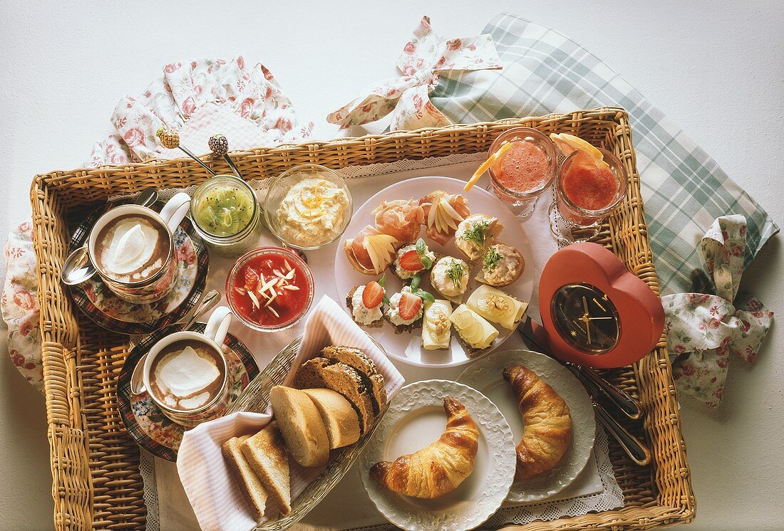 Sunday brunch on wicker tray