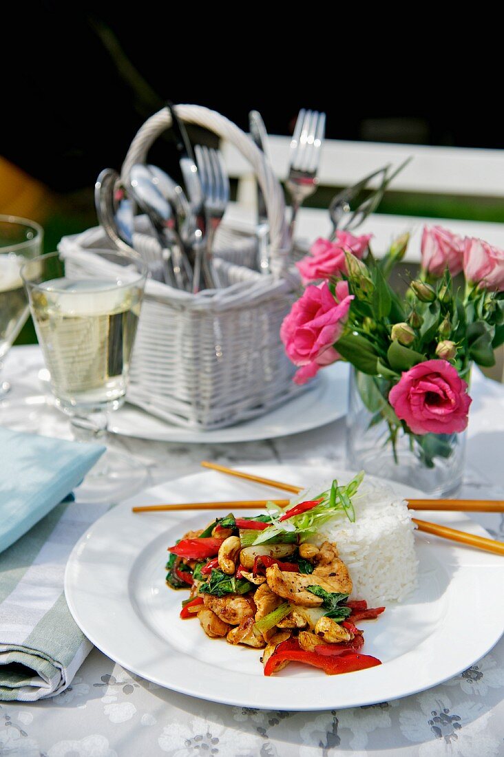 Stir-fried chicken with vegetables and rice (Asia)