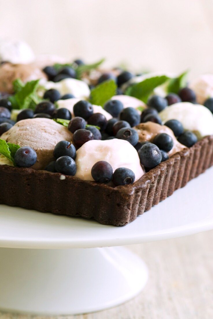 Schokoladentarte mit fünf Sorten Eis und Blaubeeren