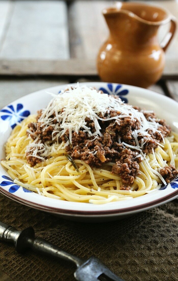 Spaghetti with wild boar ragout and Parmesan