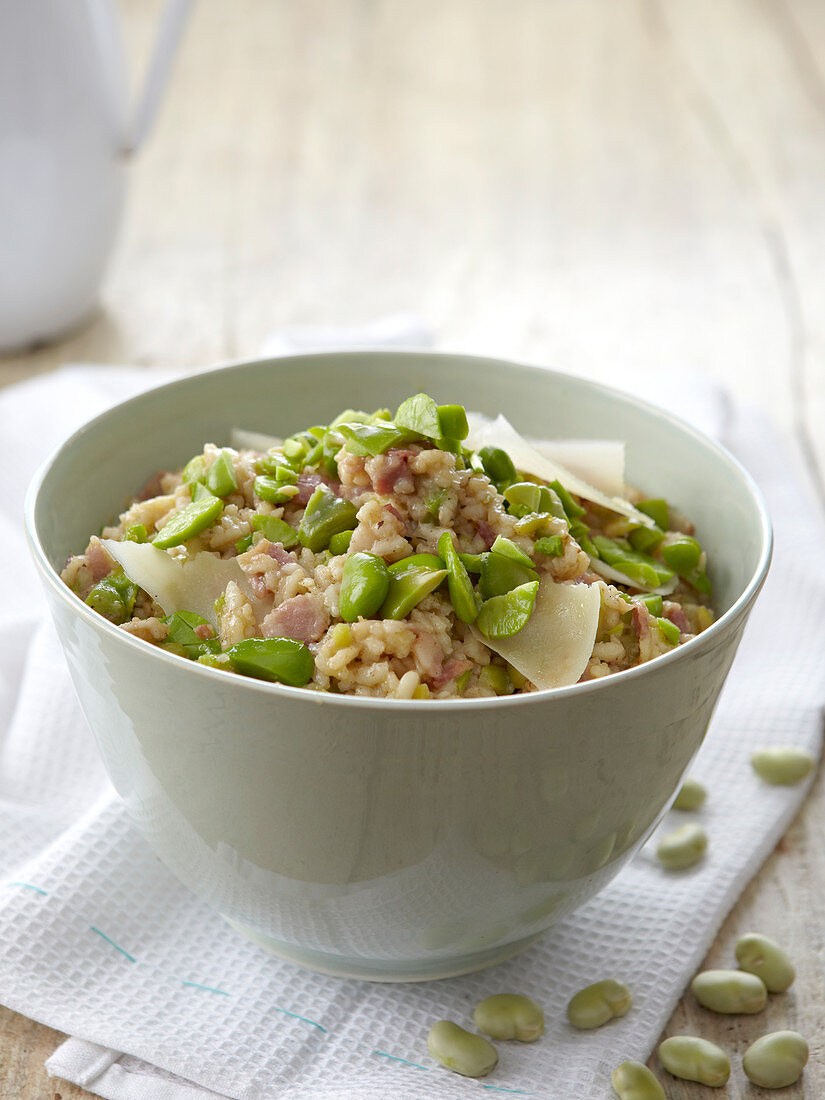 Risotto with broad beans, bacon and parmesan
