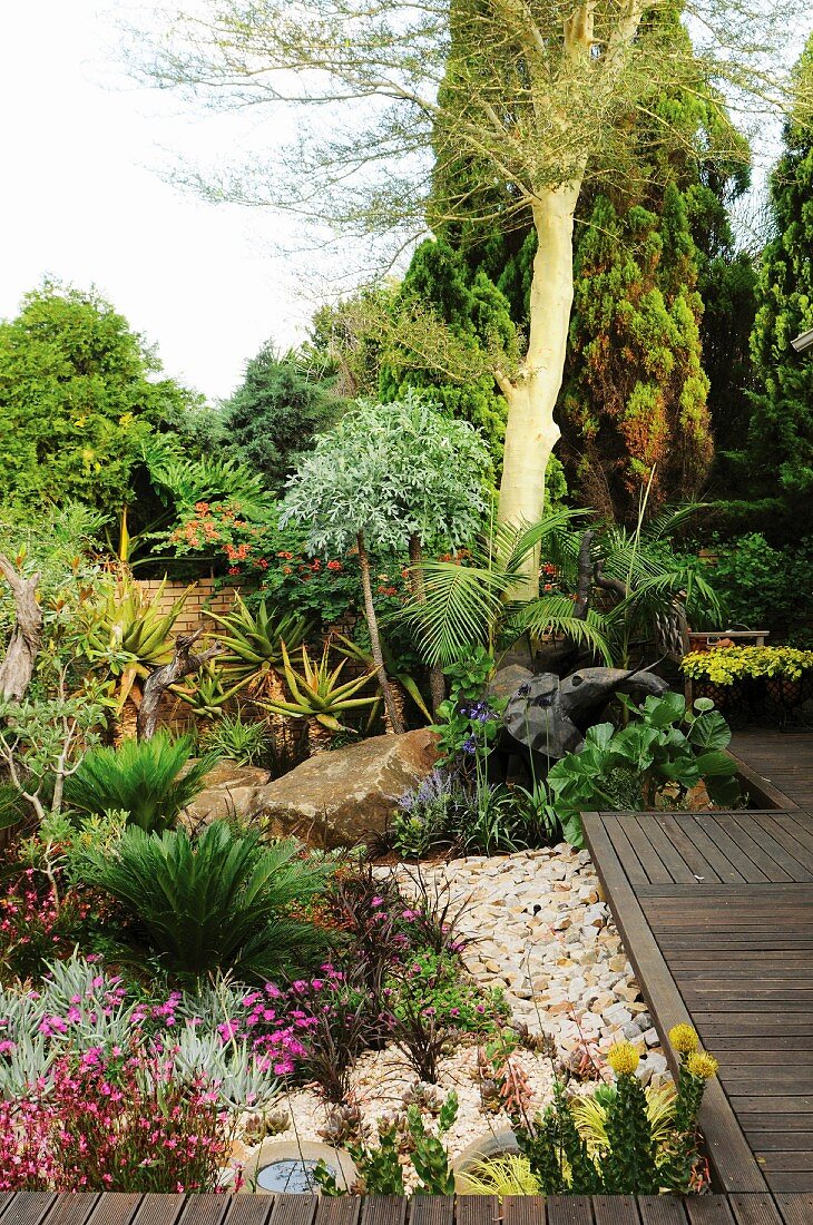 Garden complex with luxuriant, exotic planting and wooden walkways