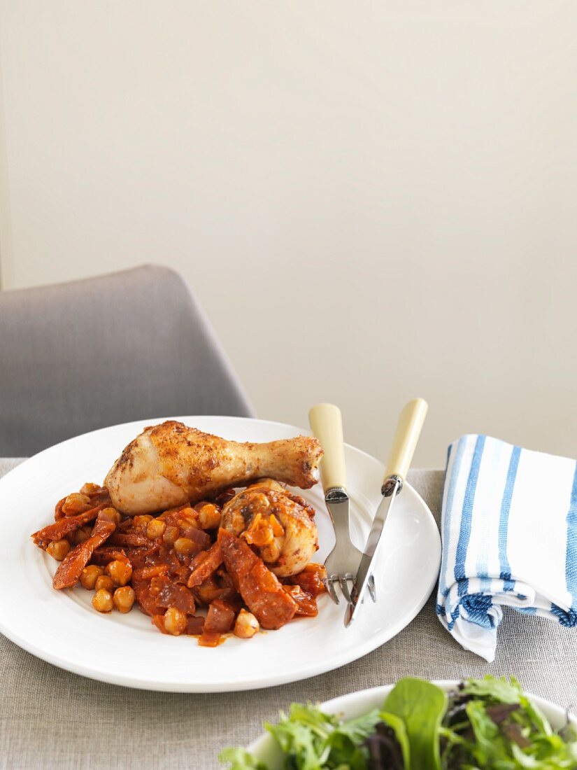 Chicken leg with chorizo and chickpeas