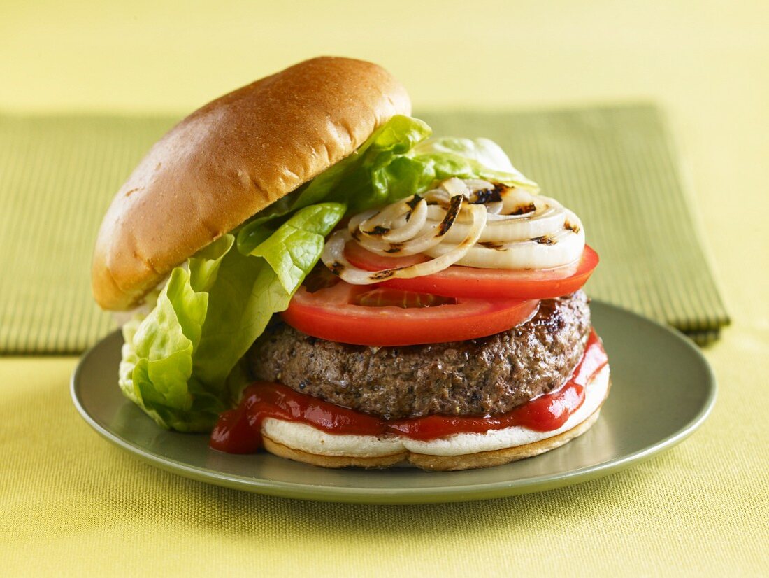 Hamburger with Grilled Onions, Tomato and Ketchup