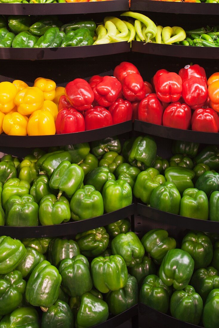 Variety of Peppers on a Market Display