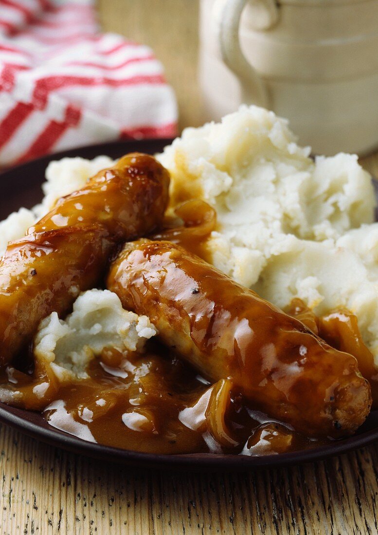 Sausage and potatoes with gravy