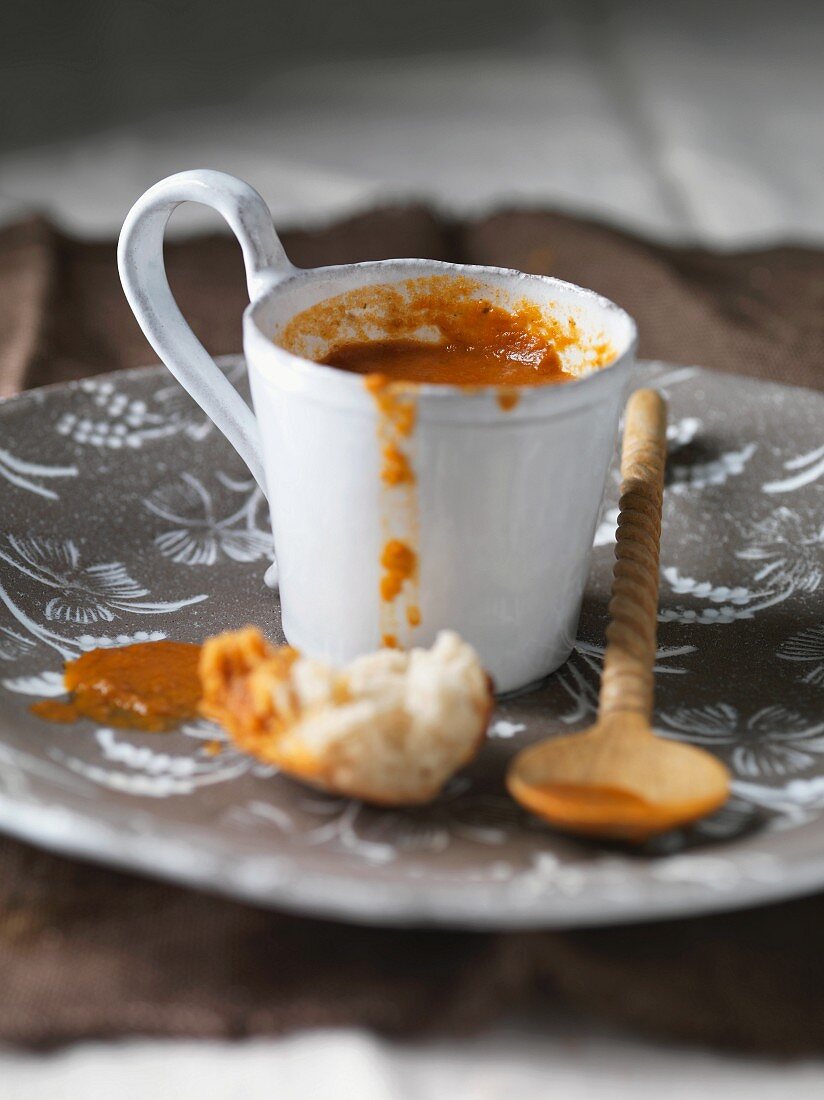 Close up of mug of tomato soup