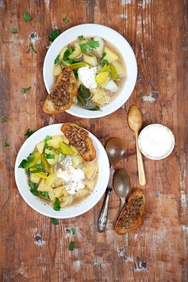 Leek and potato soup with porcini mushroom crostini