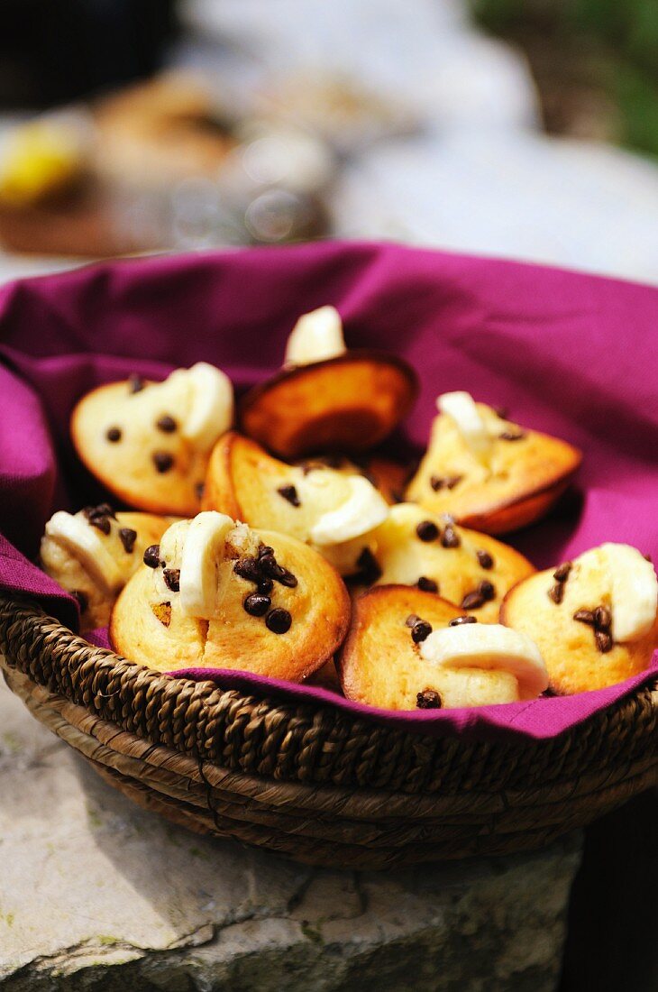 Mini chocolate chip muffins decorated with banana slices