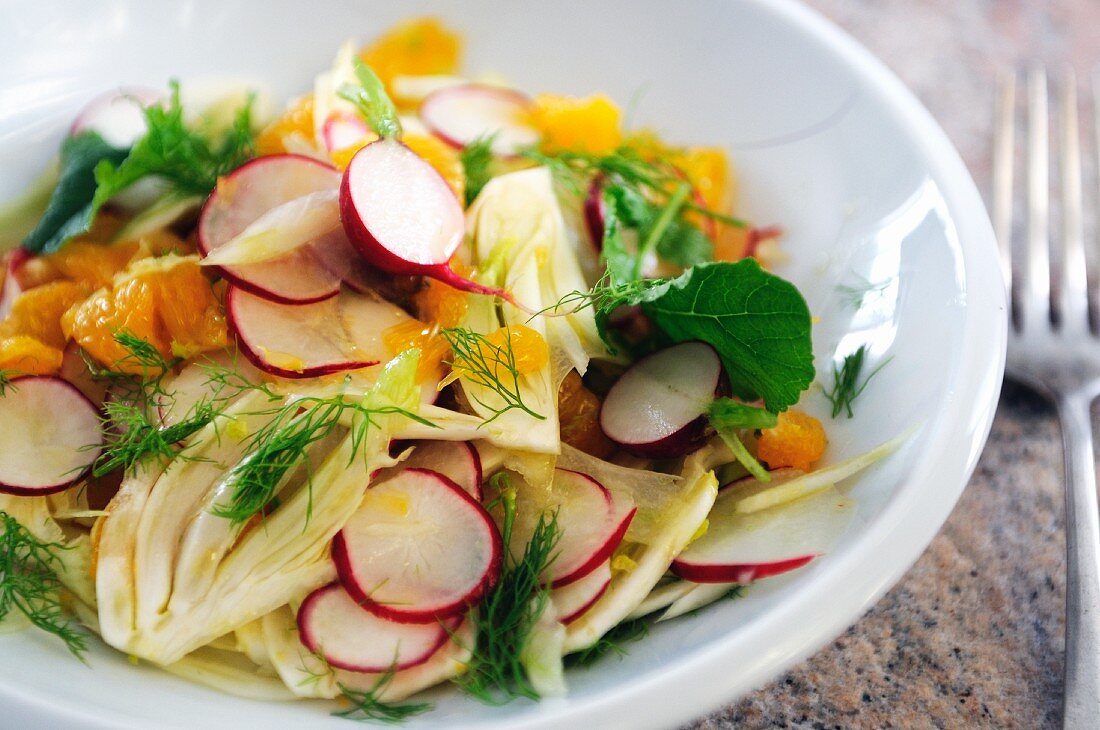 Salat mit Fenchel, Radieschen & Orangen (Nahaufnahme)