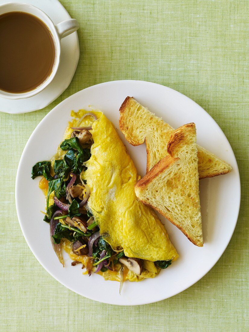 Veggie Omelet with Toast and Coffee; From Above