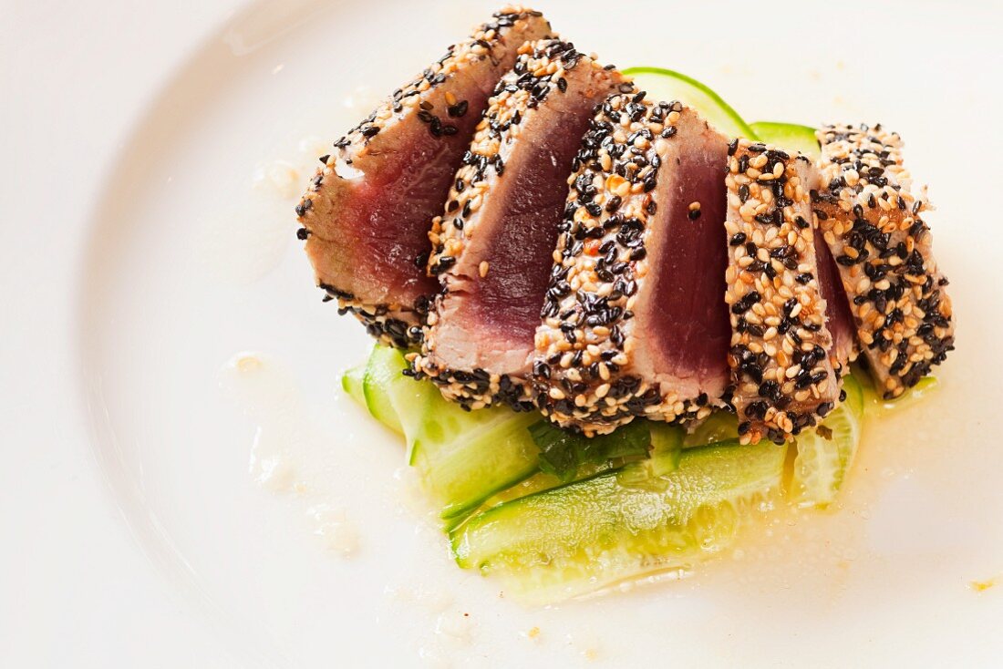 Sesame Encrusted Seared Ahi Tuna in a Spicy Cucumber and Lime Vinaigrette