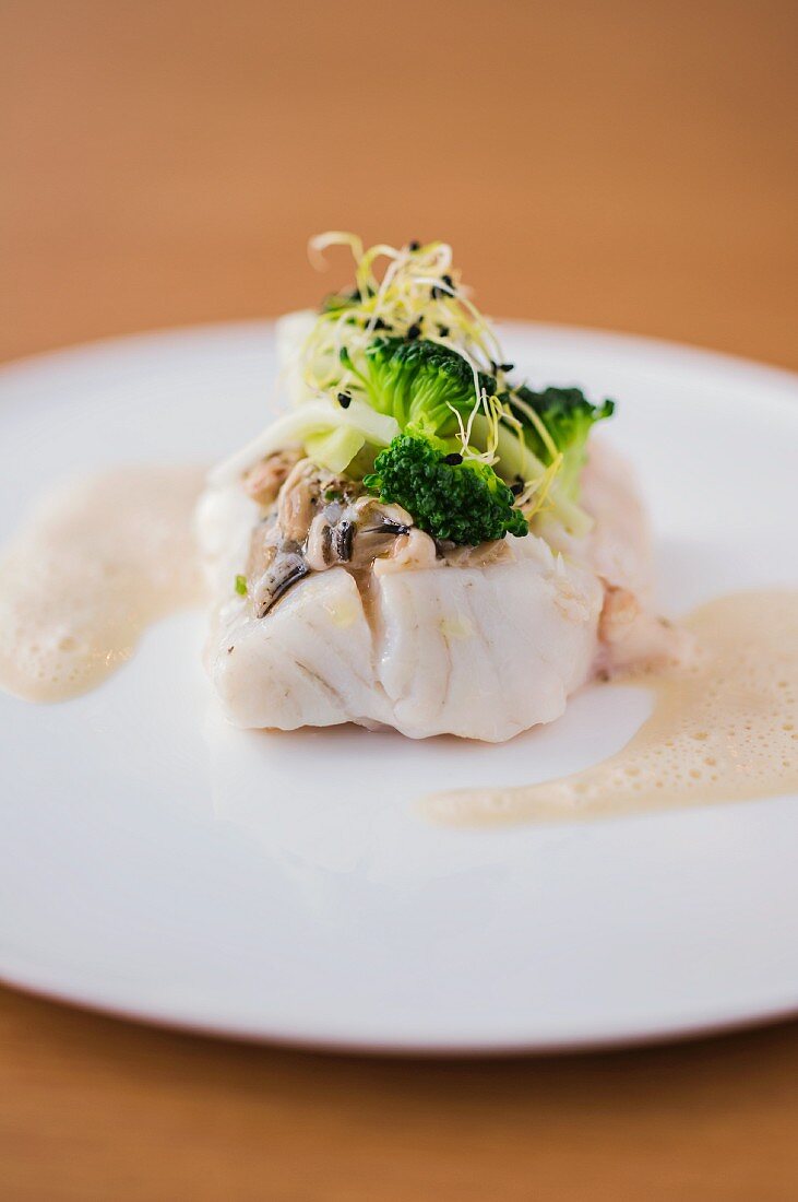 Seabass with oyster tartar and broccoli