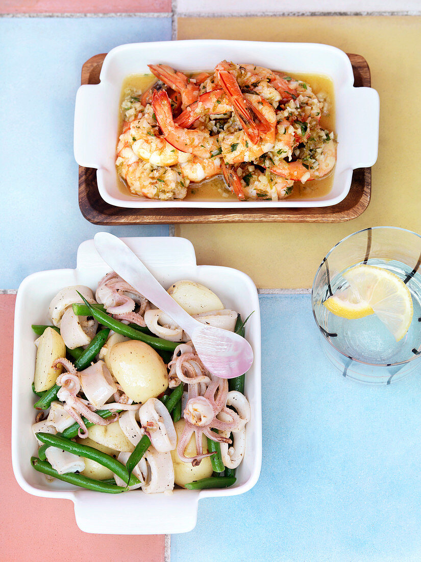 Potato and octopus salad with green beans, and garlic prawns