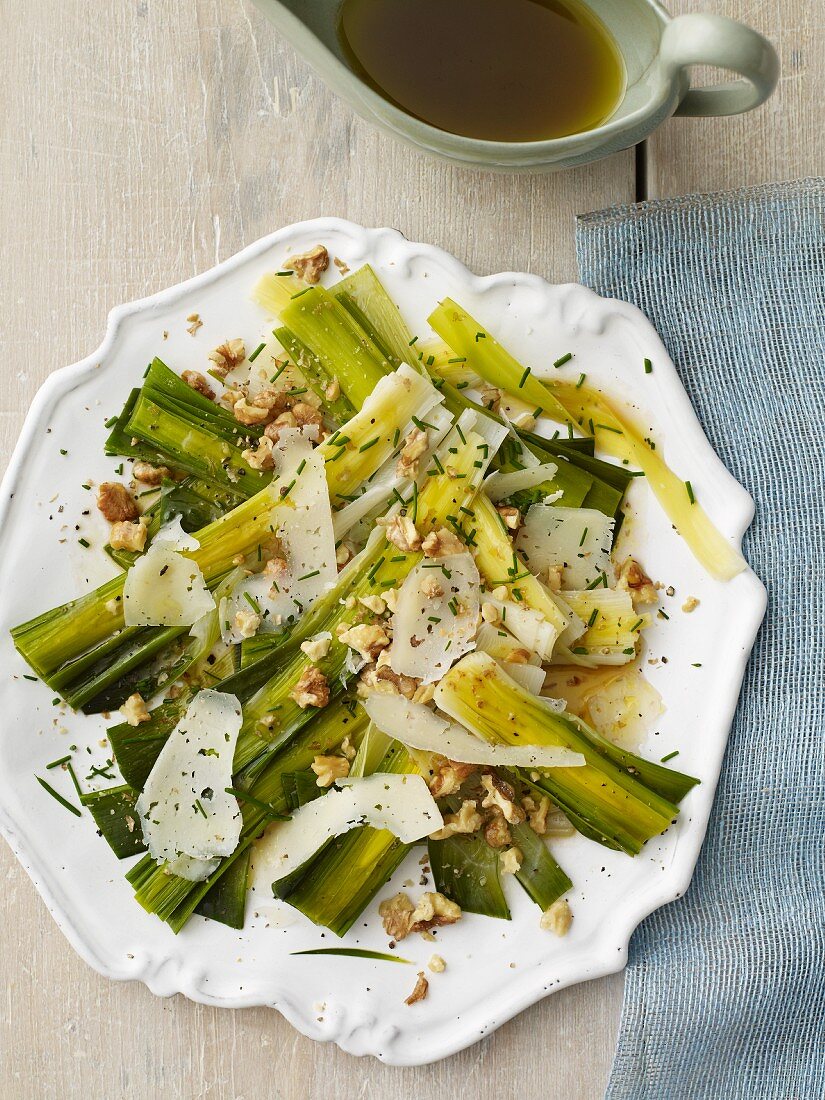 Braised Leek Salad with Shaved Parmesan Cheese and Walnuts
