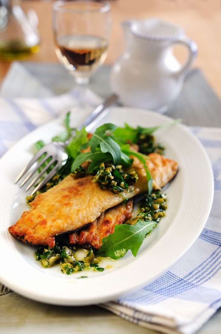 Trout filets with green olive and caper pesto