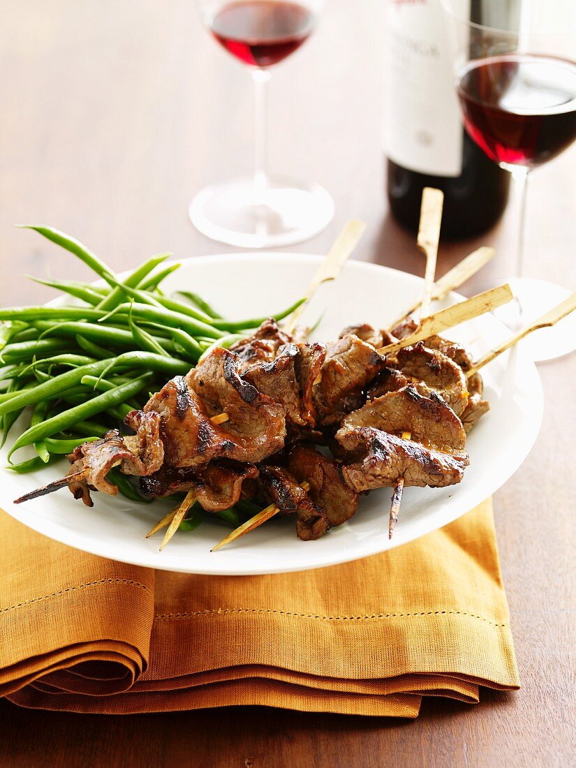 Beef Satay with Green Beans and Red Wine