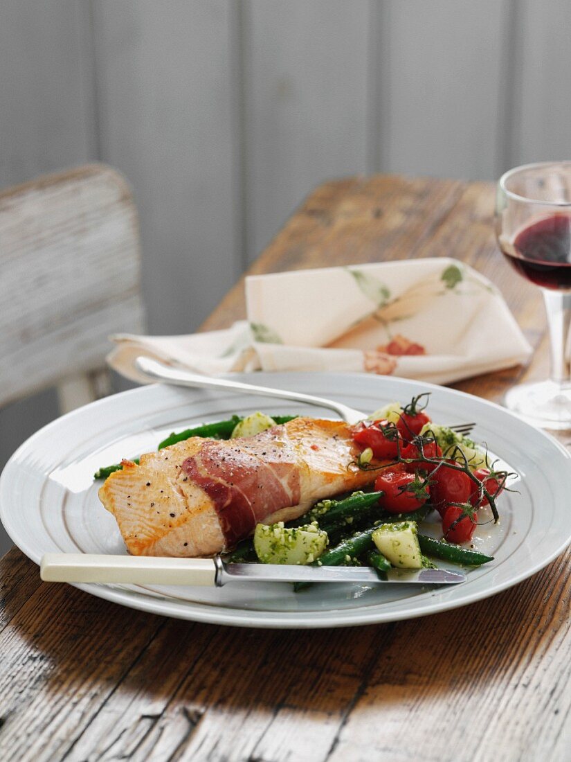 Plate of salmon with pesto potatoes