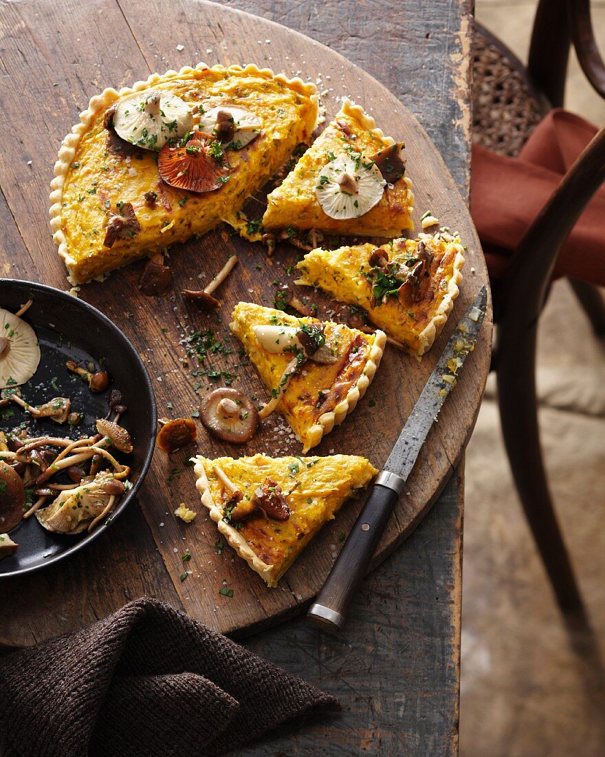 Pumpkin leek tart on wooden board