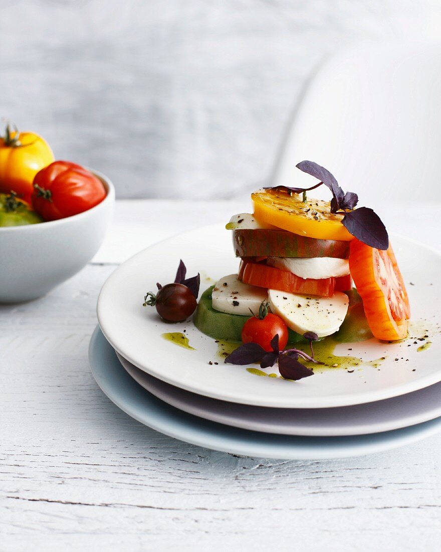 Plate of heirloom tomatoes and cheese