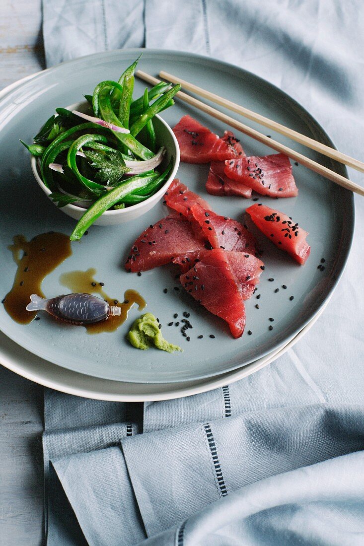 Plate of tuna and sashimi bean salad