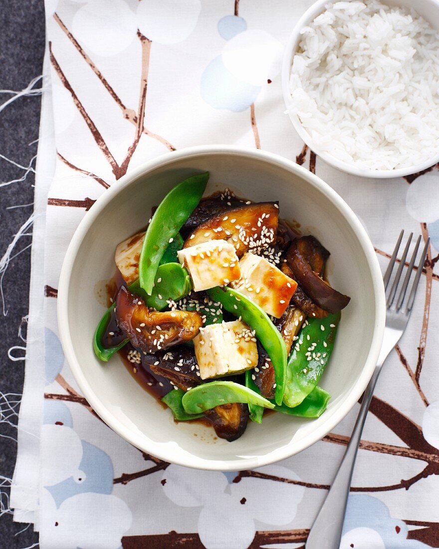 Bowl of Japanese eggplant with tofu