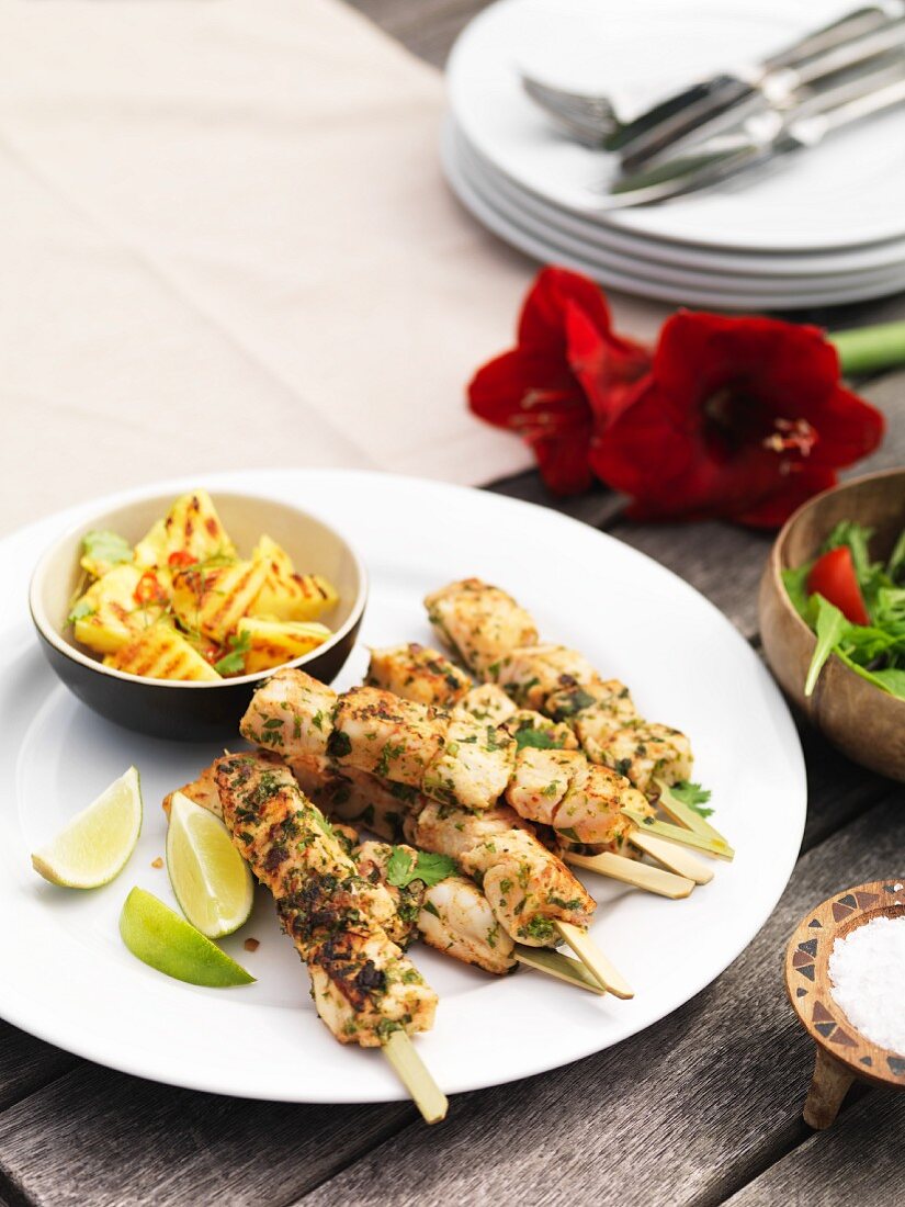 Fish kebabs with grilled pineapple