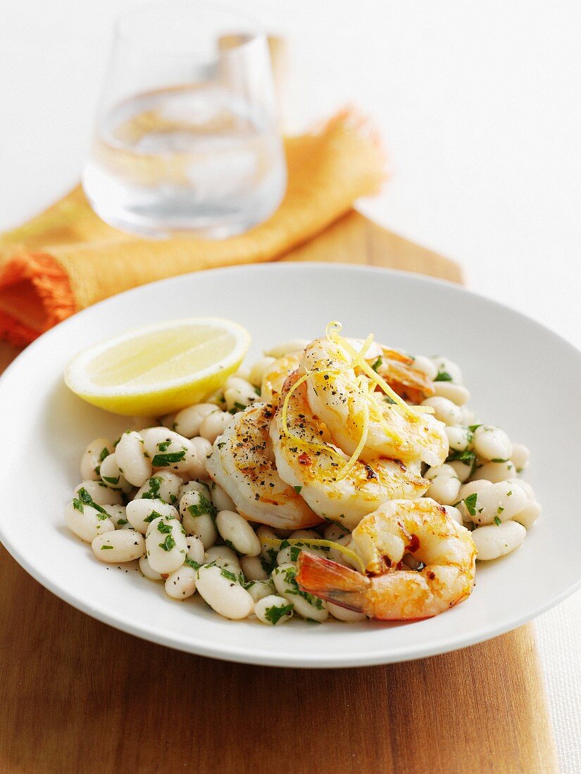 Plate of prawns and white beans