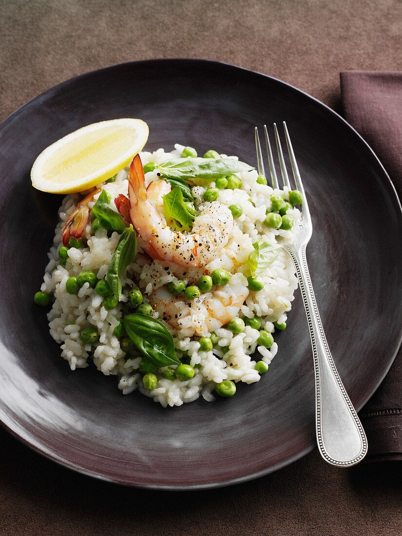 Plate of prawns with rice and beans