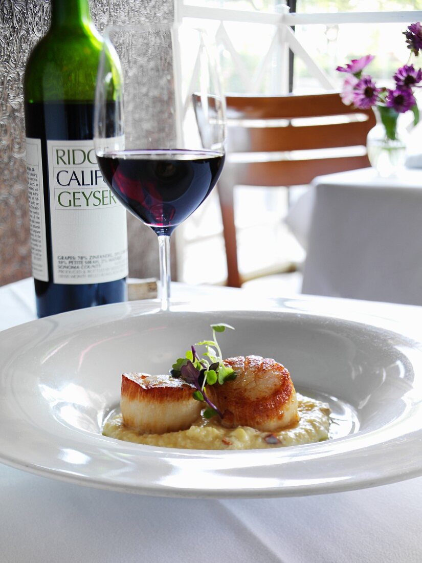 Pan Seared Scallops with a Glass of Red Wine