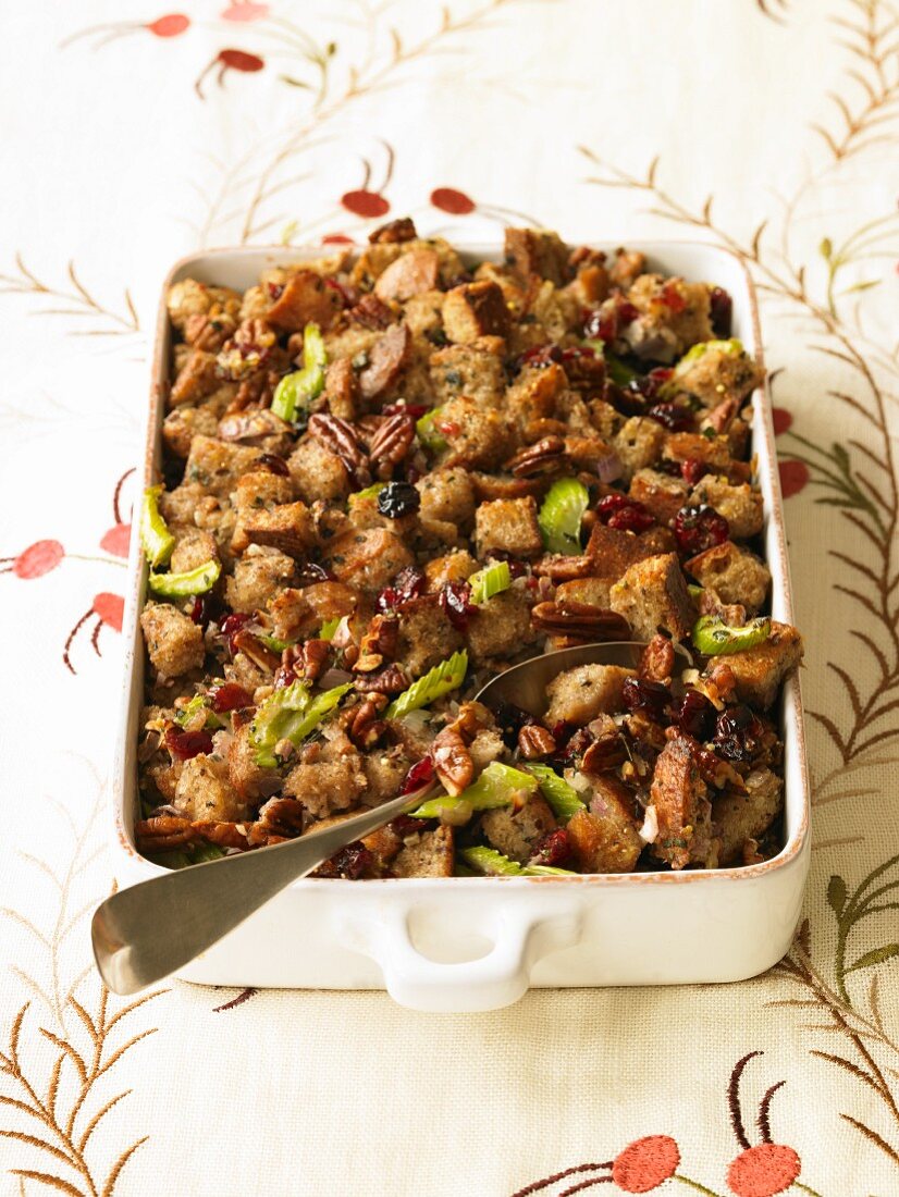 Pecan Cherry Stuffing in Baking Dish