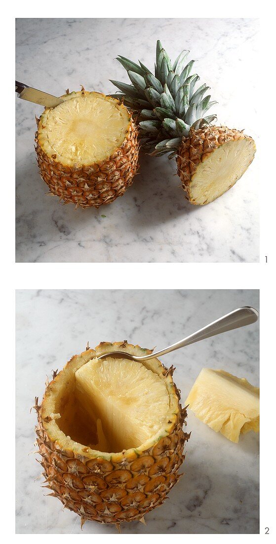 Hollowing out a pineapple (cutting out the flesh)