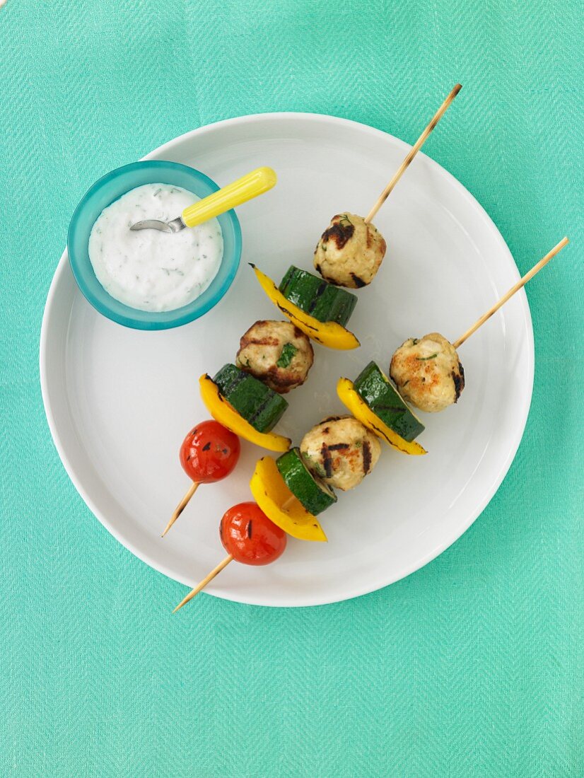 Grilled Chicken Meatballs with Zucchini, Yellow Bell Pepper and Cherry Tomato with Savory Yogurt Dipping Sauce