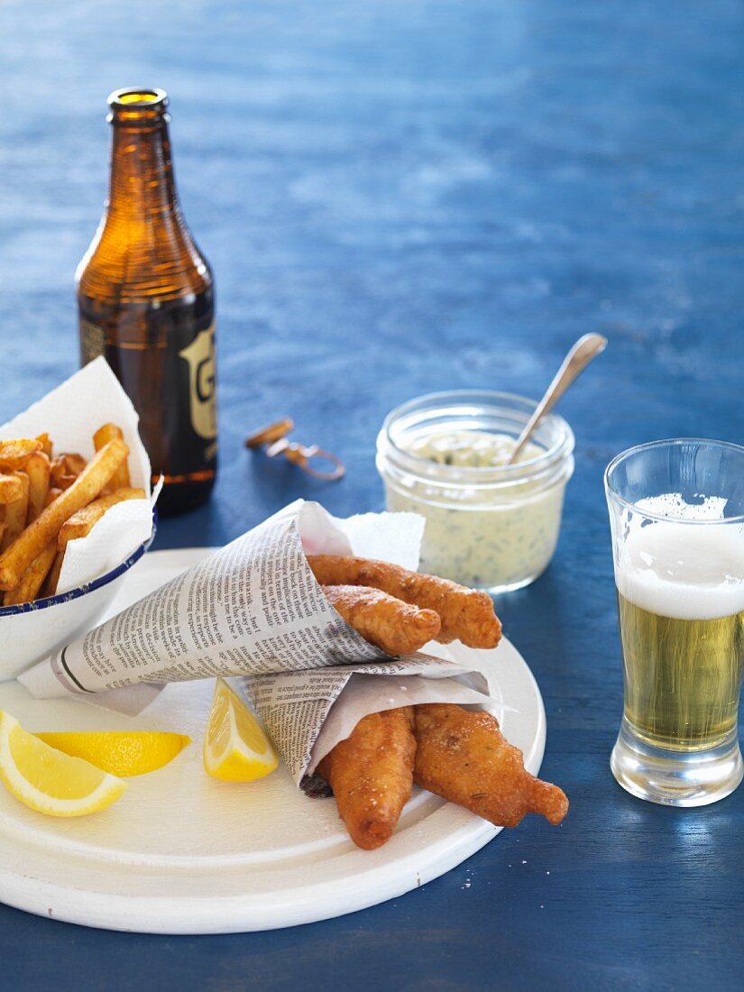 Fish and chips with beer