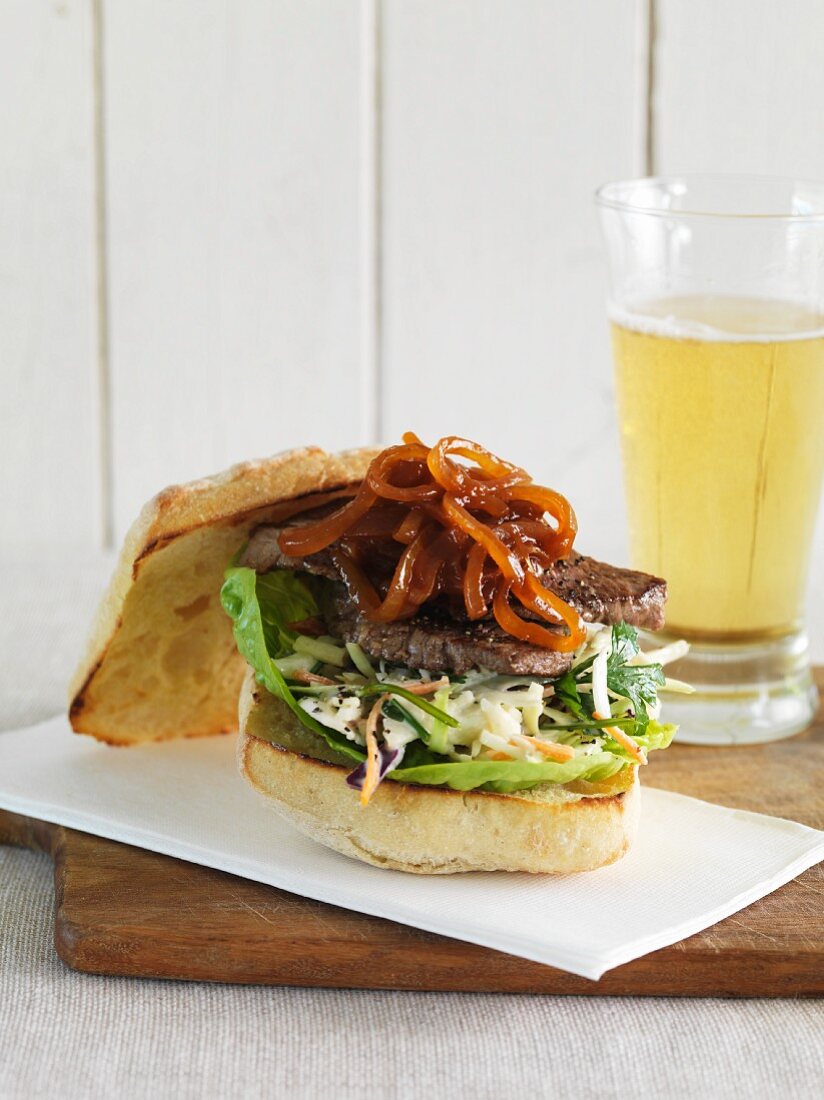 A beefburger with caramelised onions and cider